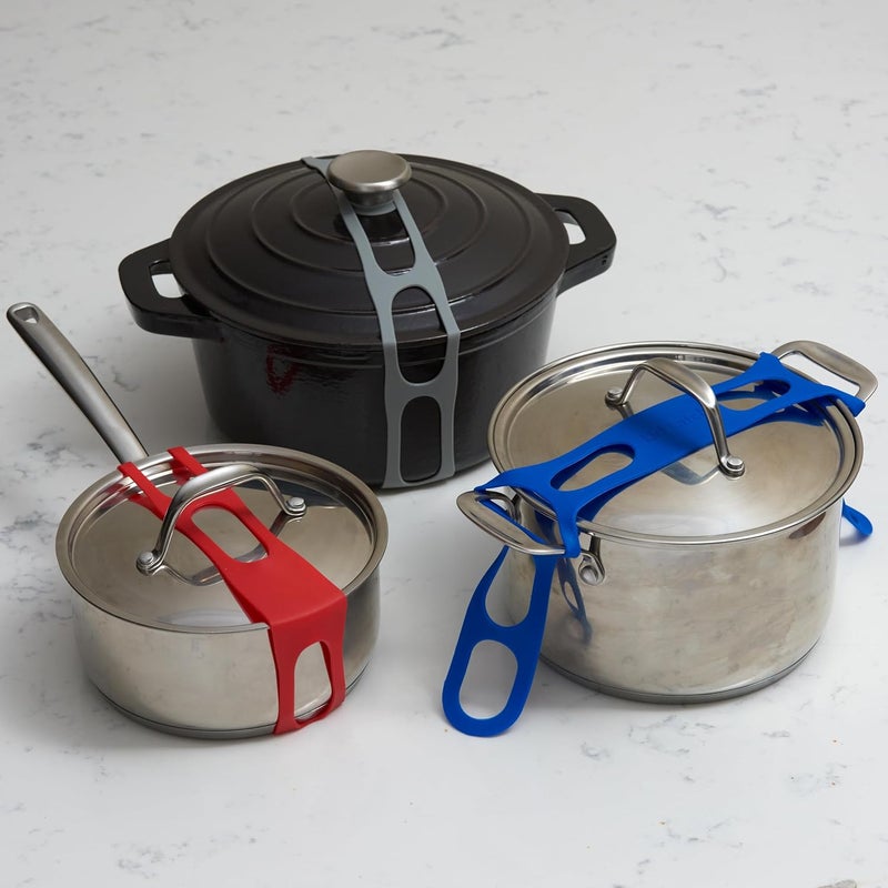 mella Lid Latch the reusable universal lid securing strap for crockpots, casserole dishes, pots, pans and more. Make it easy to transport your favorite dishes with one simple strap. (Polybag Blue/Grey) - Image 3
